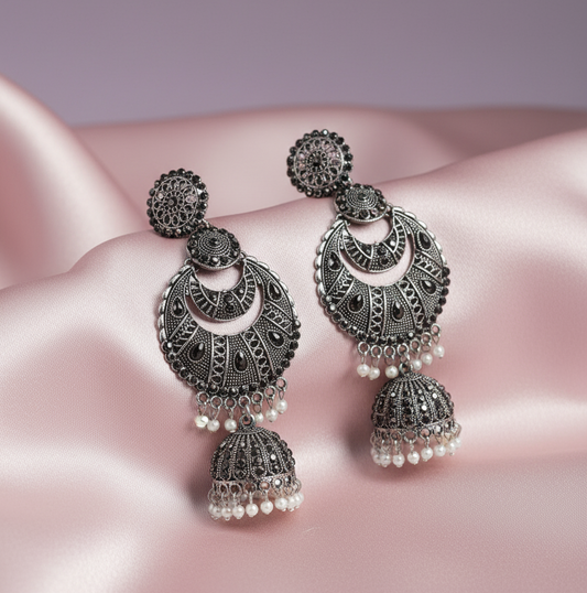 Oxidized Silver Jhumka Earrings with Faux Pearl Drops