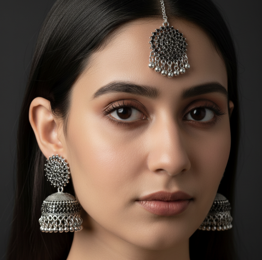 Afghani Oxidized Silver Black Stone Jhumka & Maang Tikka Set