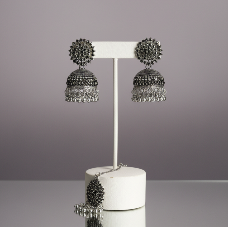 Afghani Oxidized Silver Black Stone Jhumka & Maang Tikka Set