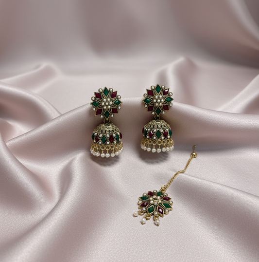 Kundan-Style Jhumka Earrings & Maang Tikka