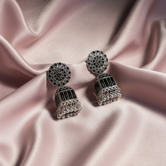 Oxidized Silver Black Bell Jhumka Earrings