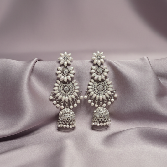 Long Floral Pearl Drop Jhumka Earrings