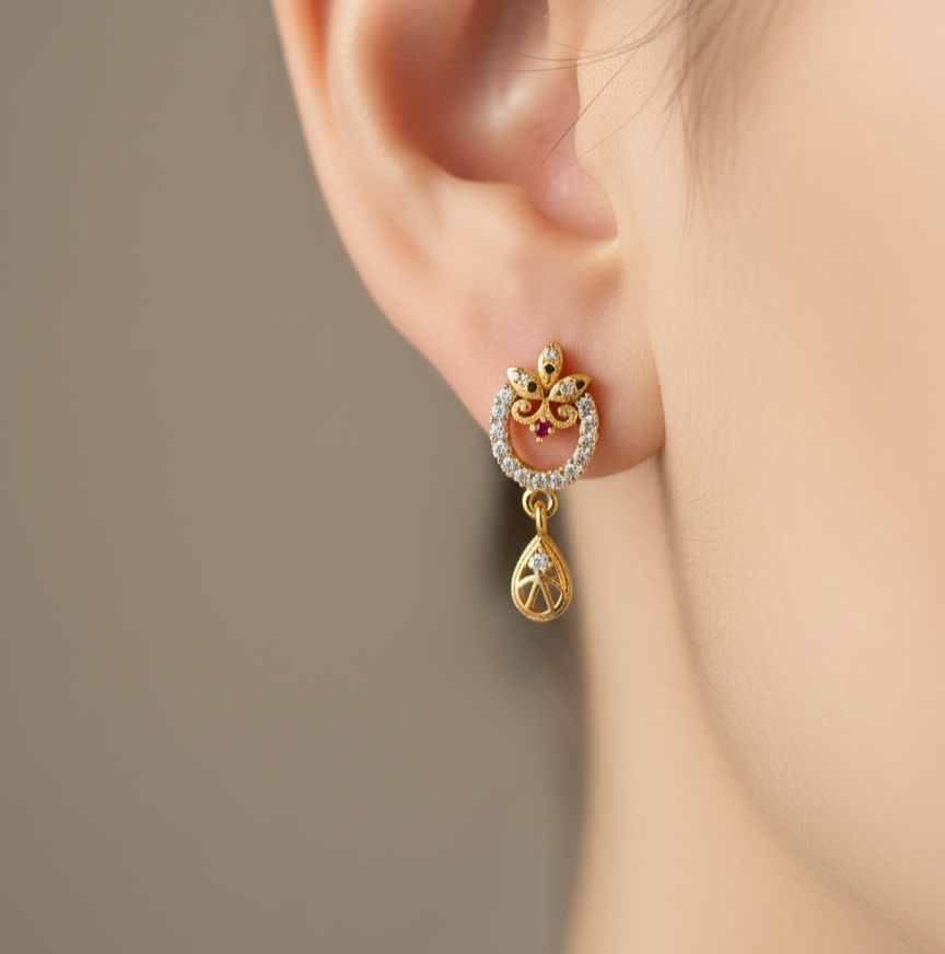 Ruby Heart & Rosebud Dangle Earrings