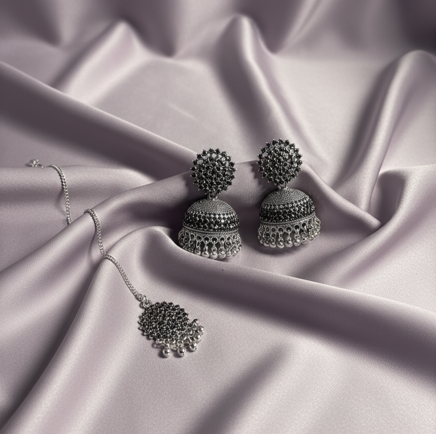 Afghani Oxidized Silver Black Stone Jhumka & Maang Tikka Set