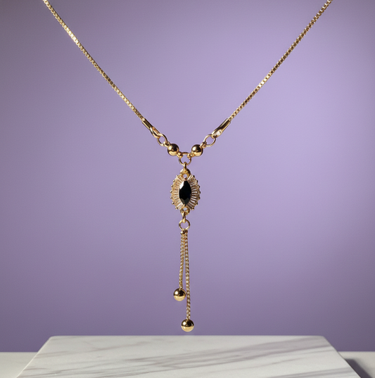 Gold Y-necklace with black stone pendant