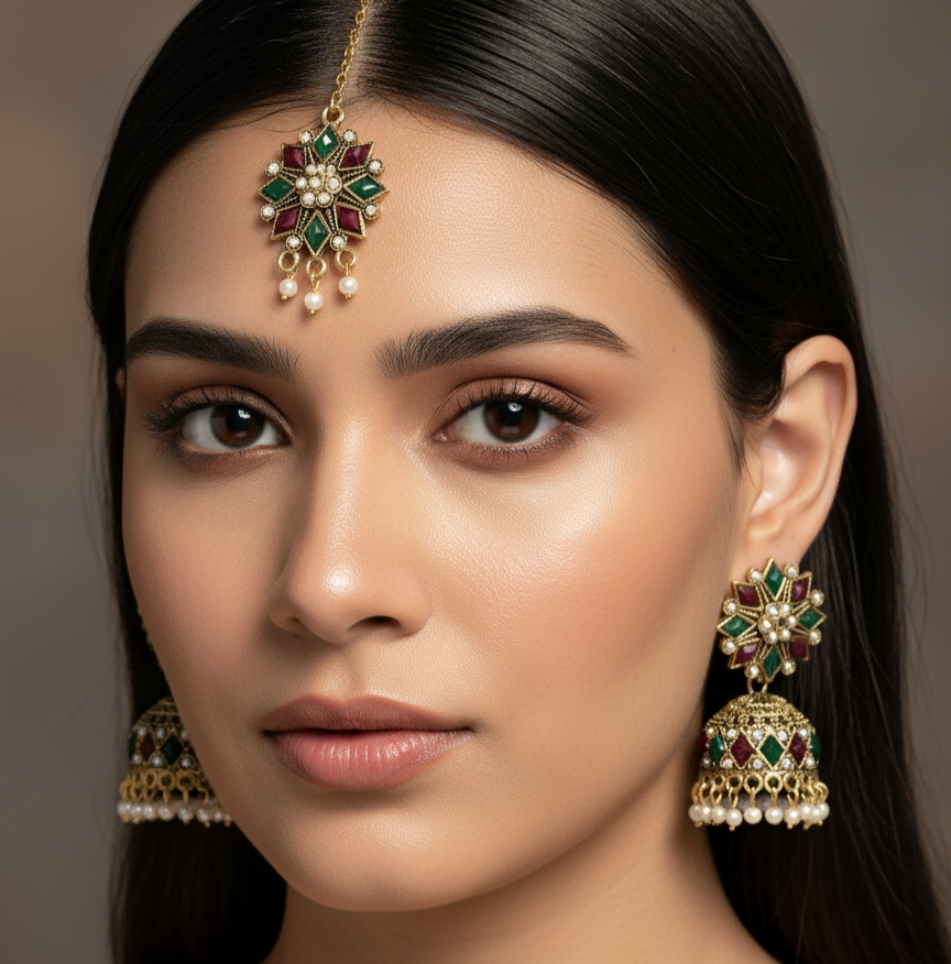 Kundan-Style Jhumka Earrings & Maang Tikka