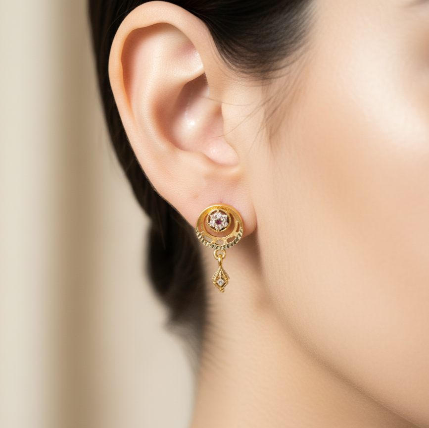 Vintage-Inspired Ruby Halo Crescent Drop Earrings