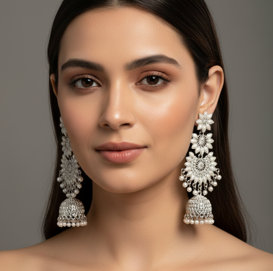 Long Floral Pearl Drop Jhumka Earrings