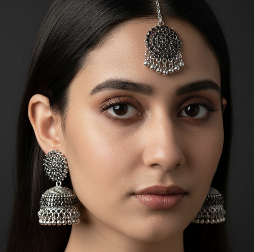 Afghani Oxidized Silver Black Stone Jhumka & Maang Tikka Set