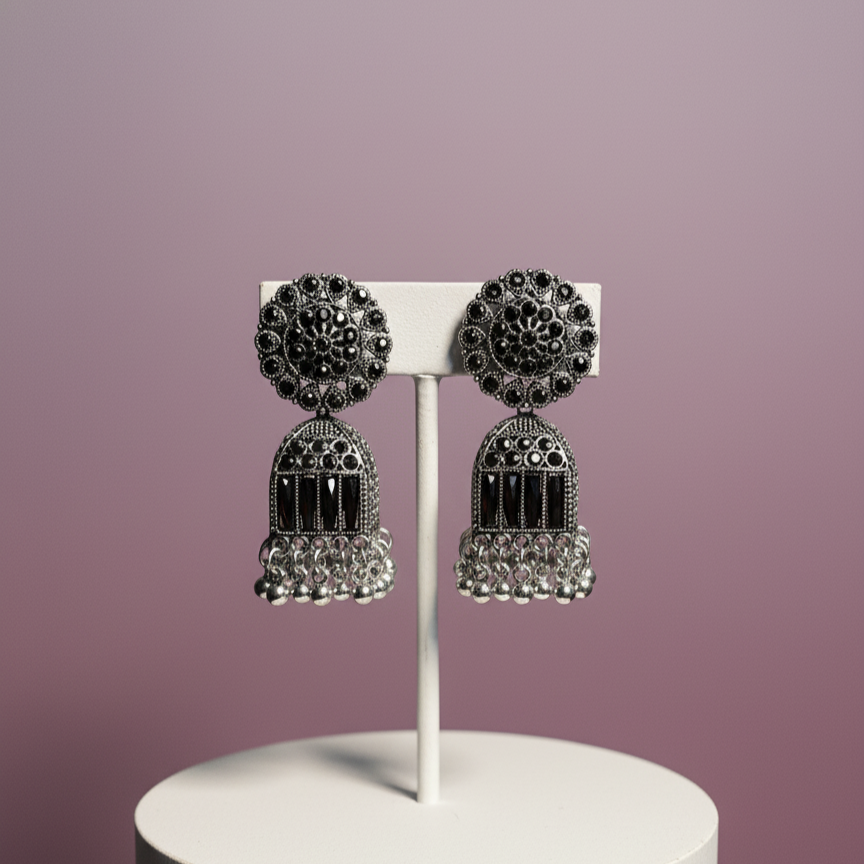 Oxidized Silver Black Bell Jhumka Earrings