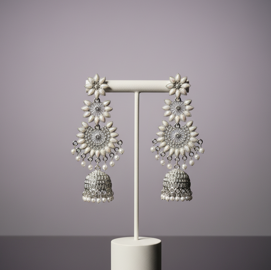 Long Floral Pearl Drop Jhumka Earrings