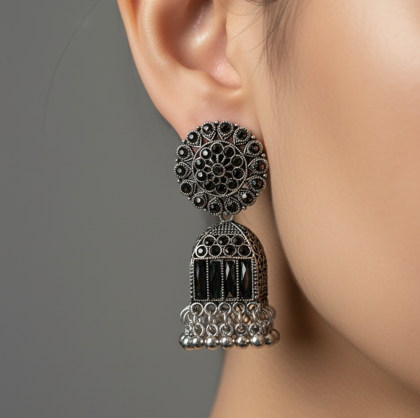 Oxidized Silver Black Bell Jhumka Earrings