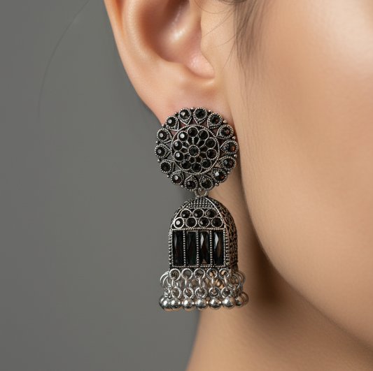 Oxidized Silver Black Bell Jhumka Earrings