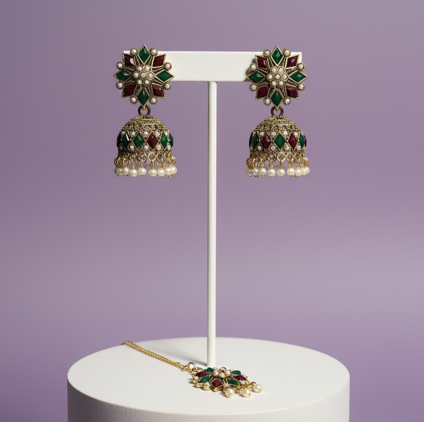 Kundan-Style Jhumka Earrings & Maang Tikka