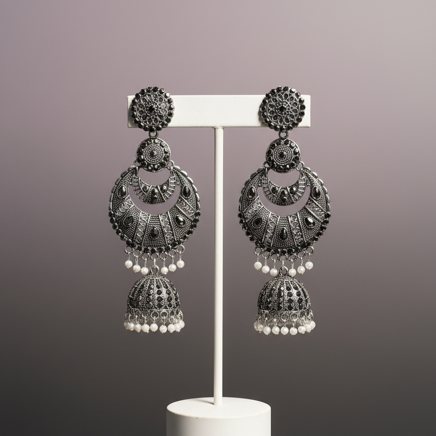 Oxidized Silver Jhumka Earrings with Faux Pearl Drops