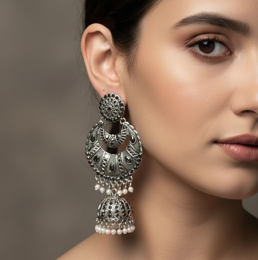 Oxidized Silver Jhumka Earrings with Faux Pearl Drops